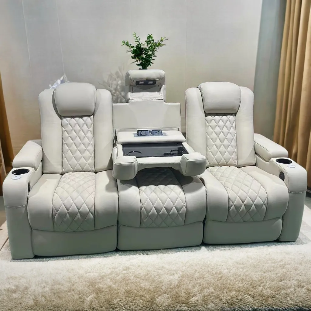 

Cream Leather Home Theater Sofa Set Cinema Chair with Fold-down Console Power Recliner Theatre Chair Leather Movie Theater Seats