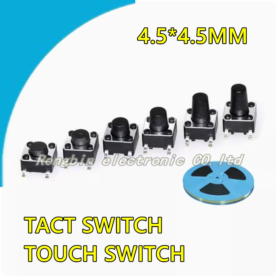 

100PCS TACT SWITCH SMD 4.5*4.5 TOUCH SWITCH BUTTON PUSH SWITCH Height 4.5*4.5*3.8MM 4.3MM 5MM 6MM 7MM 8MM 8.5MM 9MM