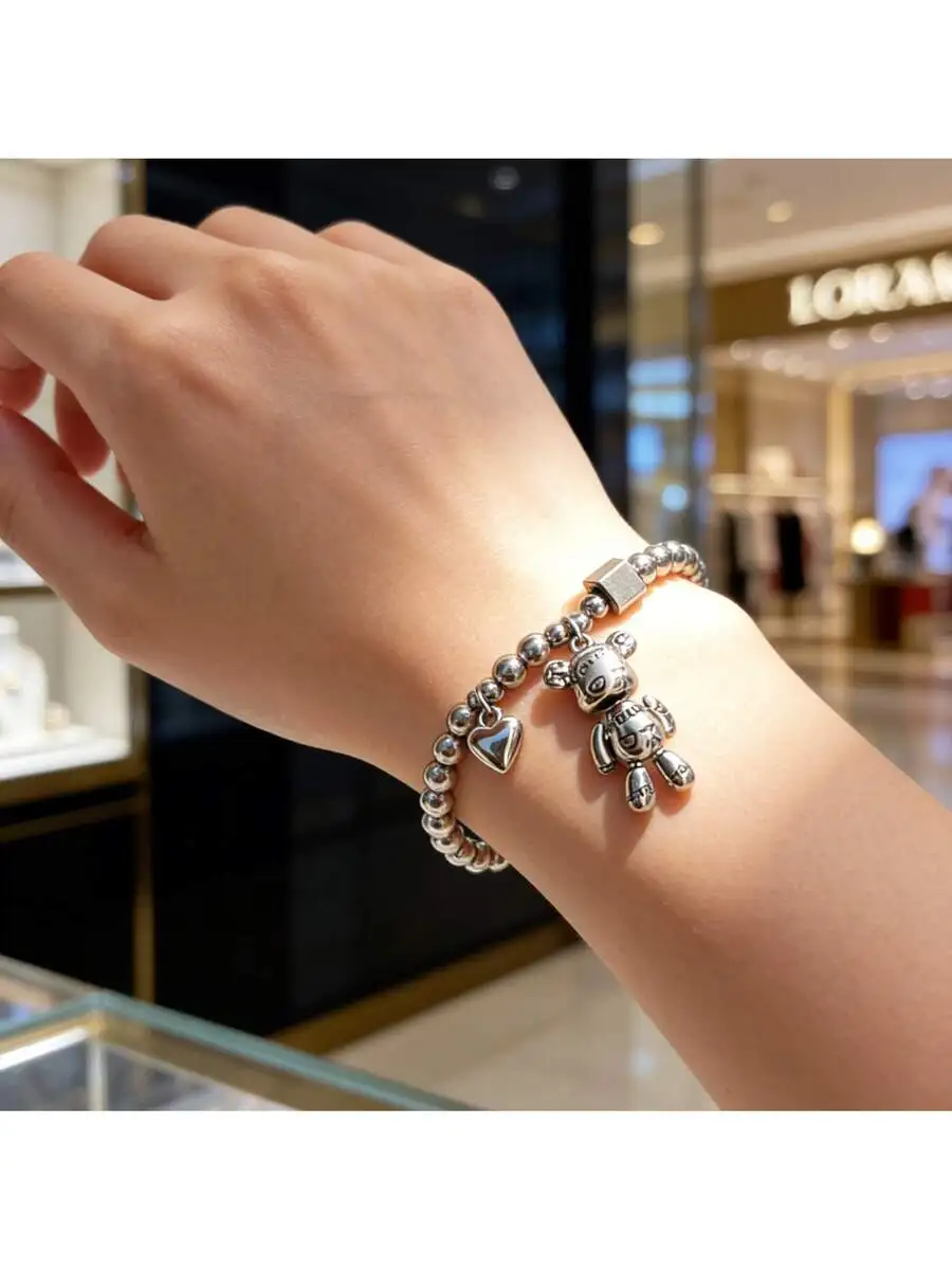 Elastic Rope Teddy Bear And Heart Charm Bracelet For Women Daily Wear Gift