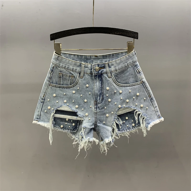 Summer Pearl Ripped Denim Shorts Women Retro Blue Black Slim Wide Leg High Waist Jeans Shorts Street Sexy Fashion Casual