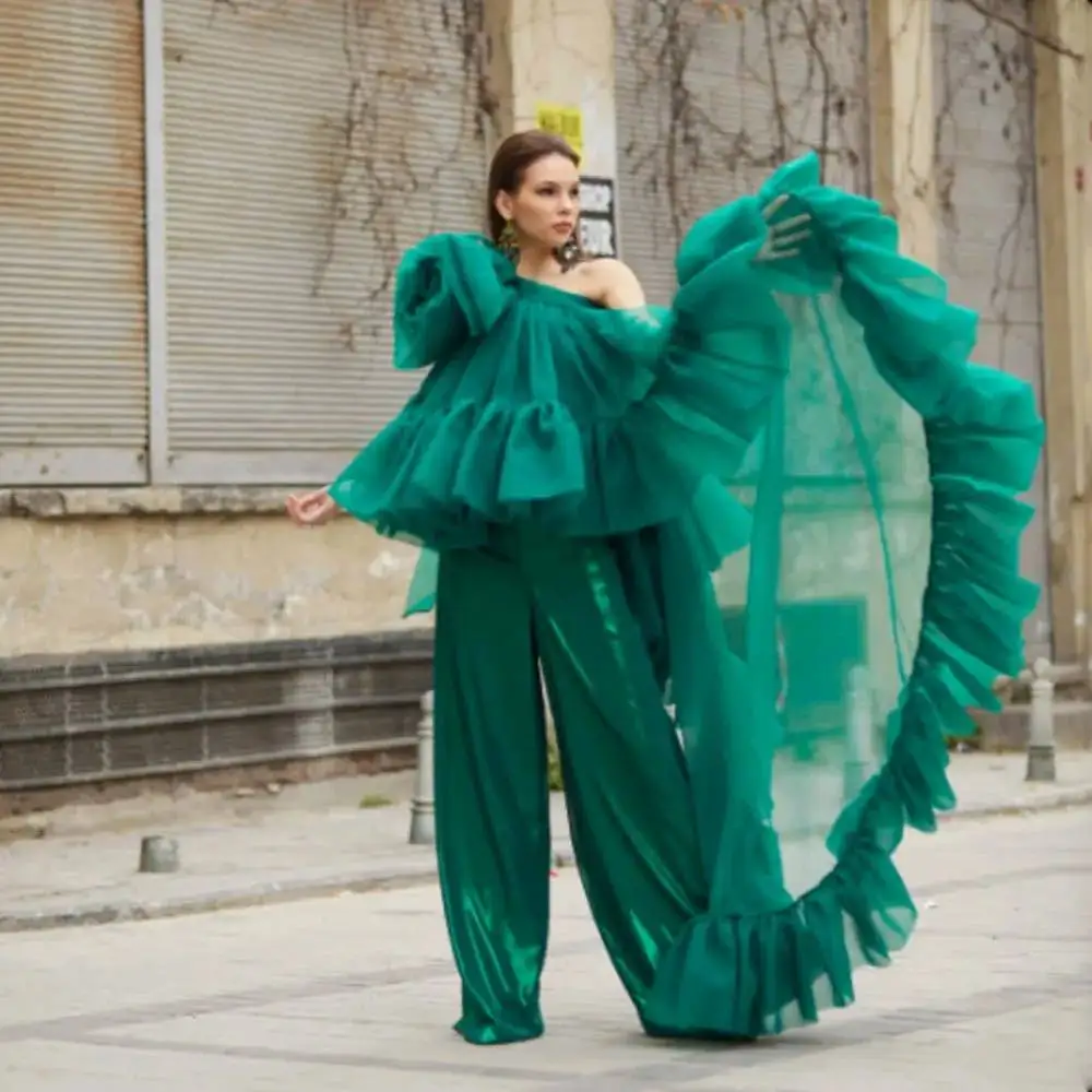 

2 Wear Methods Tulle Dresses Also Top Floral Green Women Party Blouse Tiered Layered Female One Shoulder Blouse Women