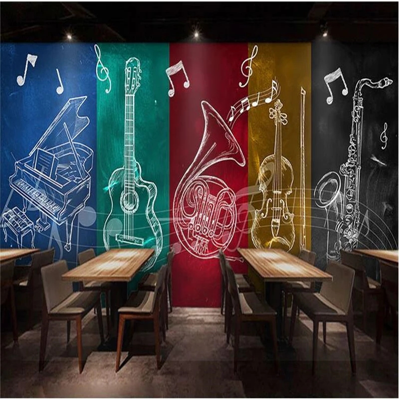 Custom wallpaper 3d European hand-painted musical instruments music poster personality bar cafe creative graffiti 3d wallpaper