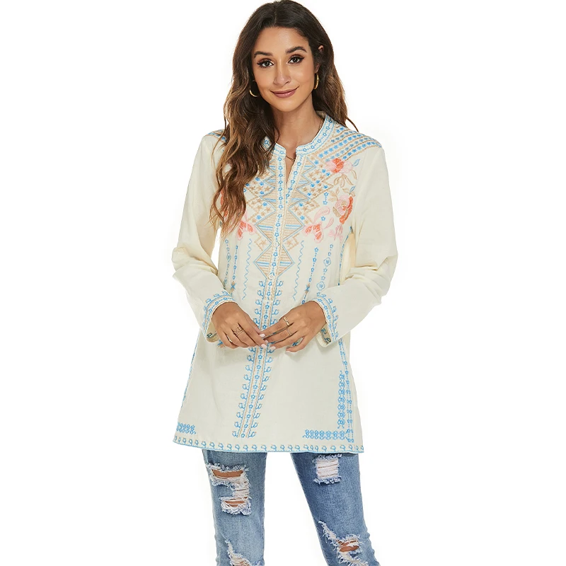 Eaeovni Embroidered Tops Long Sleeve Women\'s Mexican Boho Peasant Casual Loose Tunics Fall Blouse Shirts For Women Women Tops