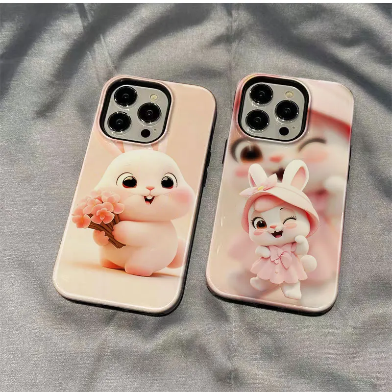 2 In 1 Phone Case for iPhone  15 14 11 13 12 11 Pro Max Plus  Hard PC Cover Funda Silicone Inner Layer CoquePink Rabbit