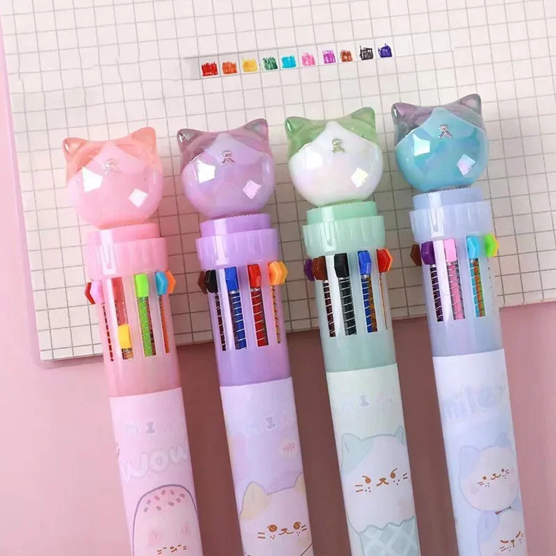 10 สี Kawaii Cat ปากกาลูกลื่นการ์ตูนสร้างสรรค์นักเรียน Multicolor Mark ปากกาโรงเรียนเครื่องเขียนอุปกรณ์สํานักงาน