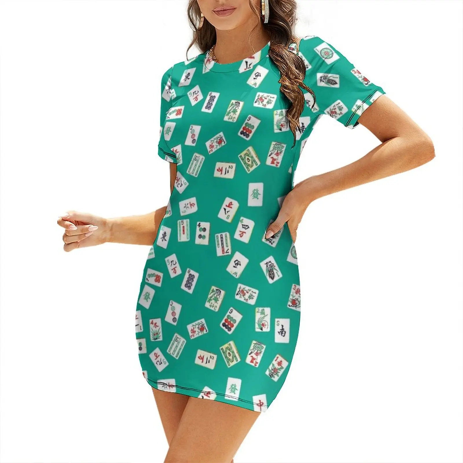 mah jongg tiles jade Short Sleeved Dress clothes beach dresses