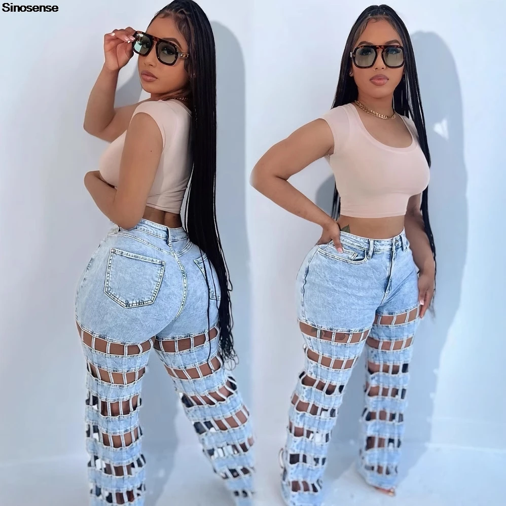 

Womens Destroyed Ripped Hole Denim Pants Sexy Hollow Out Distressed Loose Jeans Y2K Going Out Street Date Night Club Party Jeans