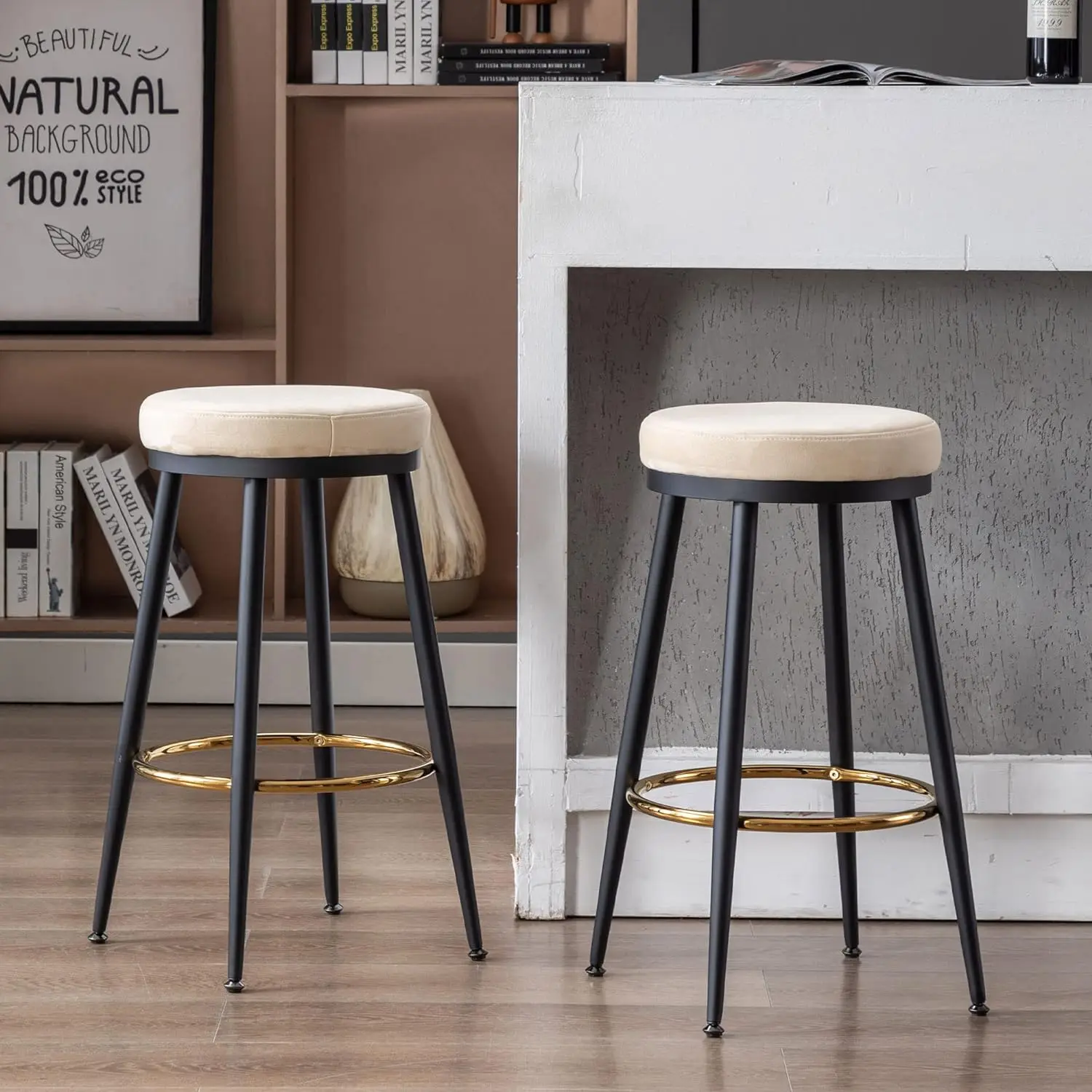 

Height Barstools Set of 2 Suede Counter Stool Backless Bar Chair with Black Legs/Gold Footrest for Kitchen Island/Cafe/Breakfast