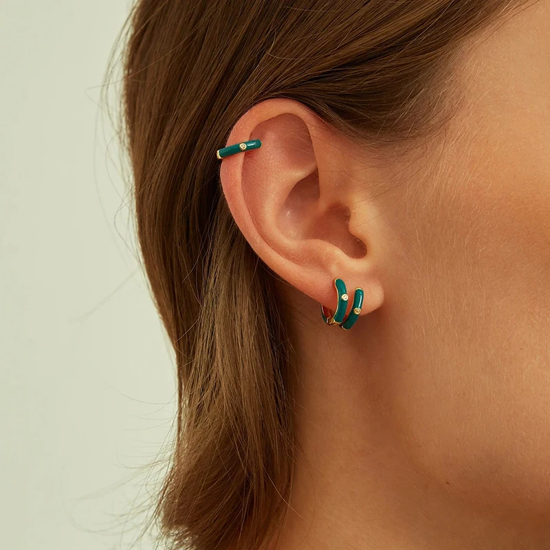 Pendientes de aro pequeños esmaltados con circonita para mujer, aretes colgantes elegantes, accesorios de joyería para fiesta, Color verde, nueva