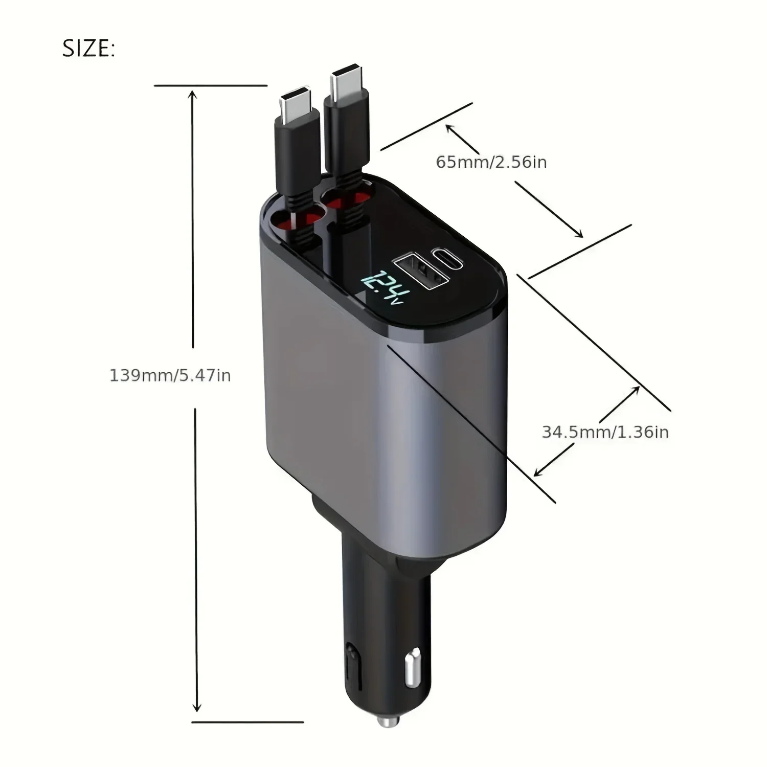 Cargador de coche 4 en 1 con Cable retráctil Dual, puerto Dual USB C PD, adaptador de enchufe de carga rápida para coche con pantalla de voltaje