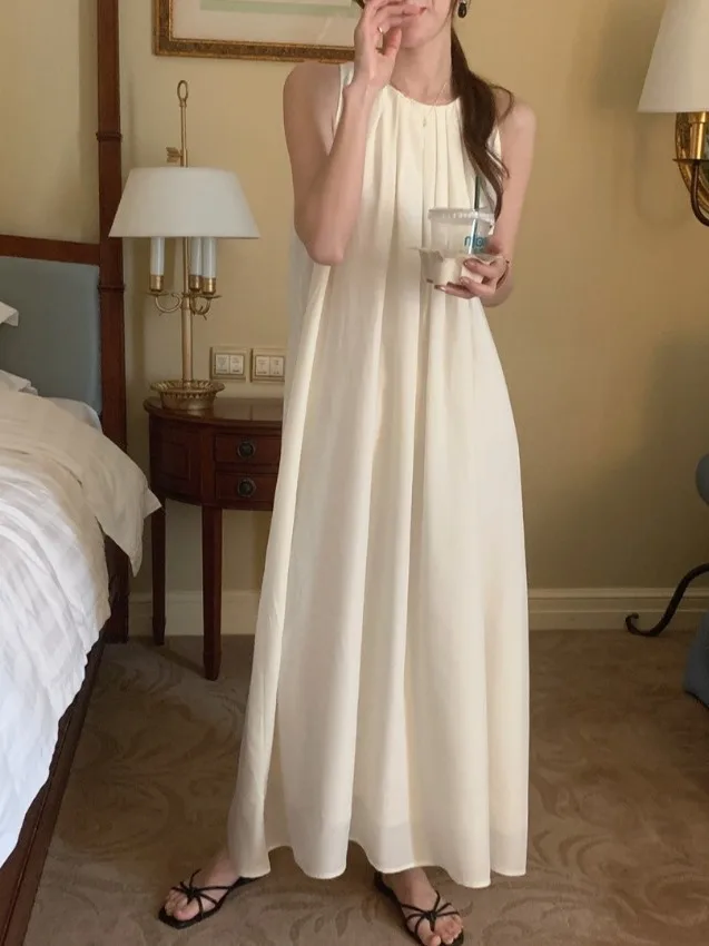 

Slimming Effect Summer Lazy Sle round Ne Pleated Design Belted Waist Vest Dr Chic Casual Comfortable Svel Women'...