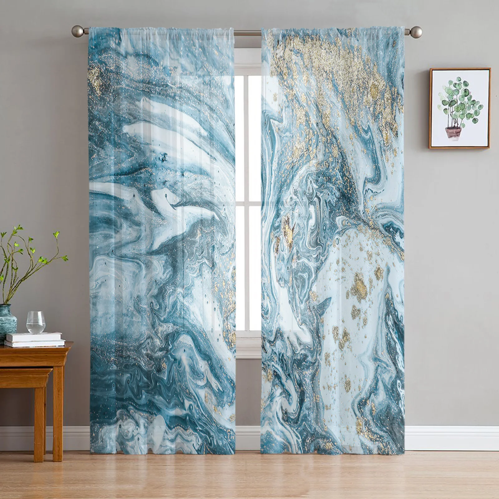 

Marble White Blue Abstract Liquid Sheer Curtains For Living Room Window Transparent Voile Tulle Cortinas Drapes Home Decor