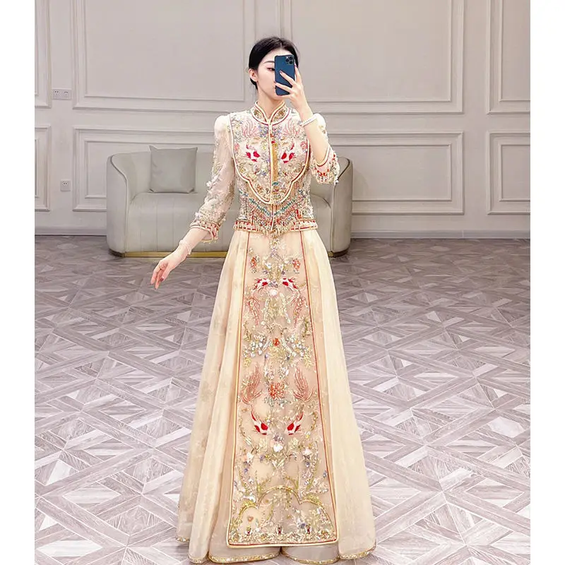 Yourqipao Champagne Xiuhe Clothing 2023 New Bride Chinese Wedding Dresses Bridal Toast Clothing Heavy Beaded Plus Size 6XL Sets