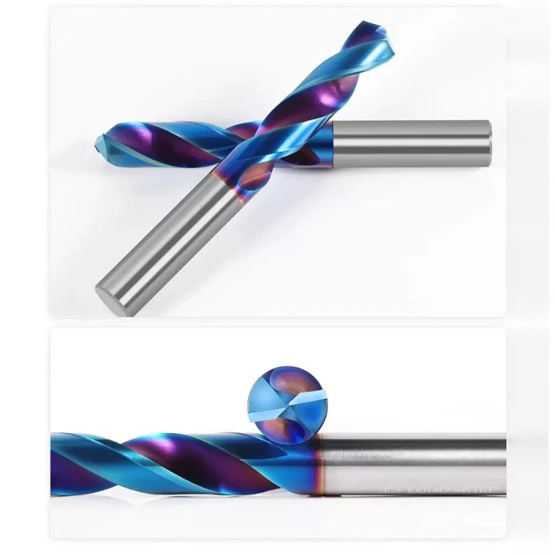 HRC65 Solid Carbide Twist Drill 60-100mm Blue Coated 1-15mm for Hard Steel, CNC Long Length Wear-Resistant Drilling Tool
