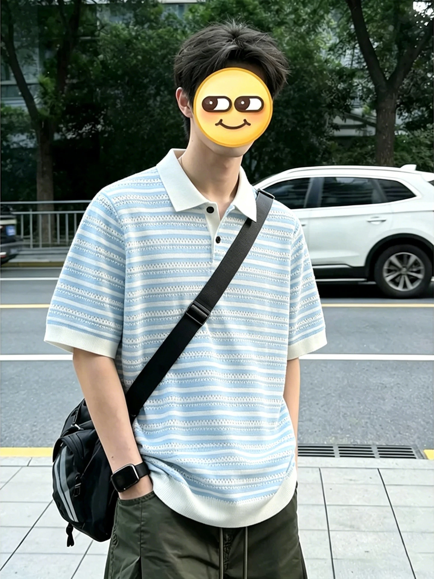 Blue White Striped Knitted Short Sleeve  Shirt Men's Summer Loose Fit Hollow out Collar T-Shirt Lazy Relaxing Half Sleeve