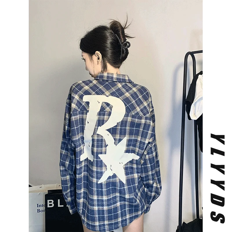 

Синяя клетчатая мужская рубашка с длинными рукавами в американском ретро-стиле, верхняя одежда оверсайз для пар, весенне-летняя модная повседневная одежда