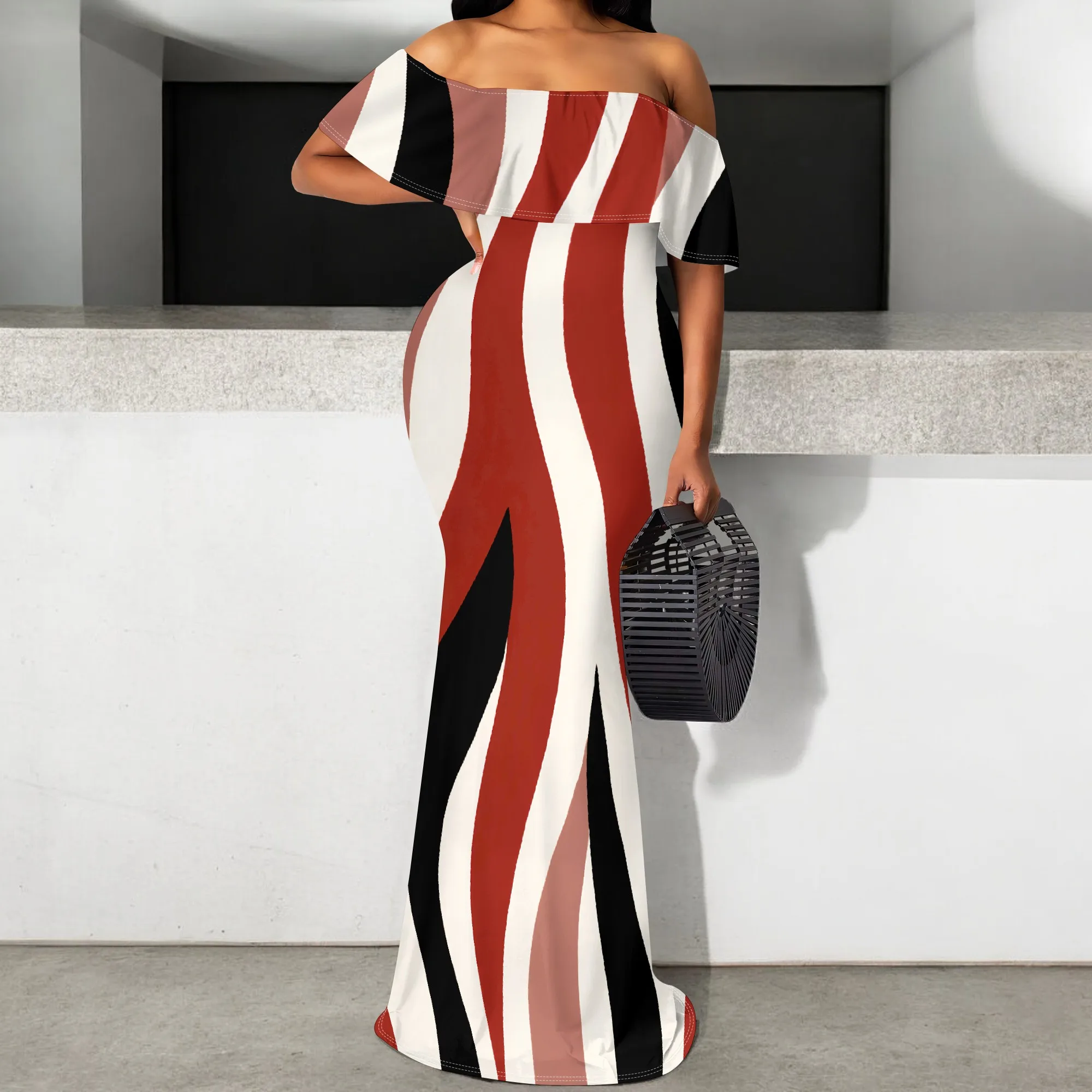 

Wave Stripe Color Block Maxi Dress S-3XL Off Shoulder Bodycon Evening Look