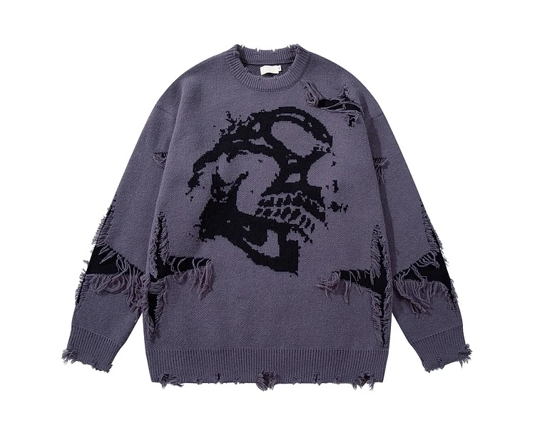 Autumn Winter New American Gothic Style Men's Jacquard Ripped Patchwork Design Loose Casual Round Neck Black Gray Knit Sweater