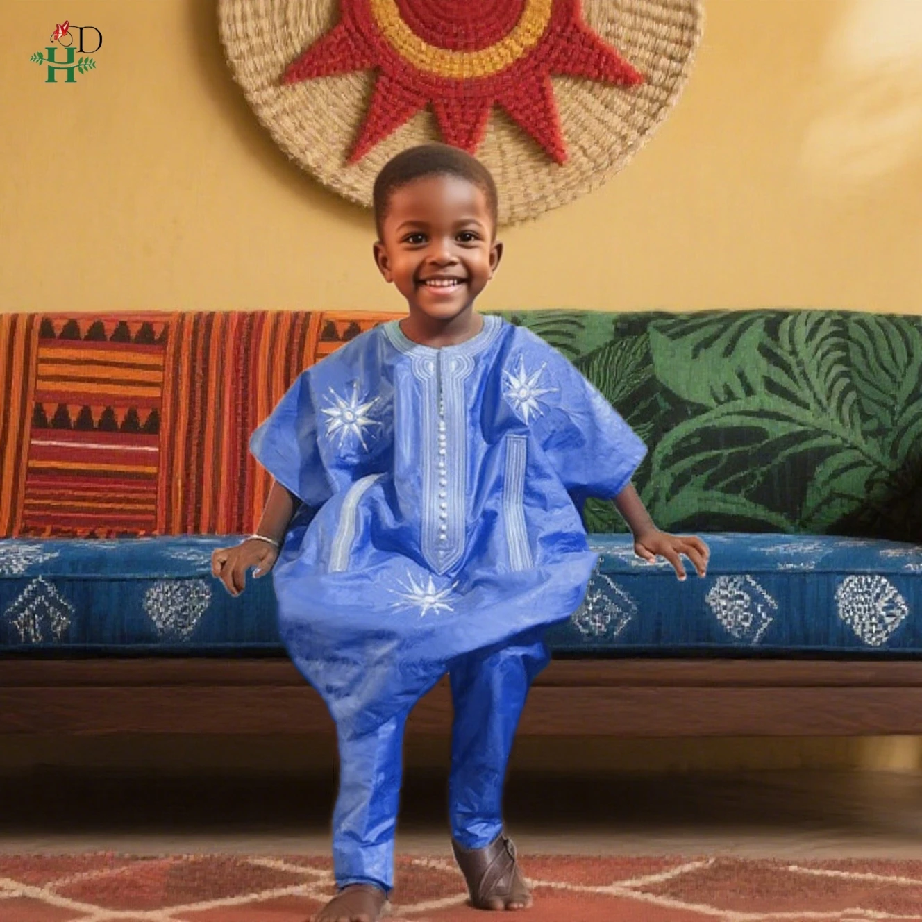 

2025 New African Traditional Clothes For Kids Boys Blue White Embroidery Dashiki Robe 2PCS Top Shirt Pant Child Set For Church