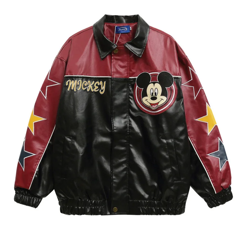 

Supzoom New Arrival Rib Sleeve Top Fashion Embroidery Mickey Mouse Loose Faux Leather Lapel Cardigan Casual Baseball Jacket