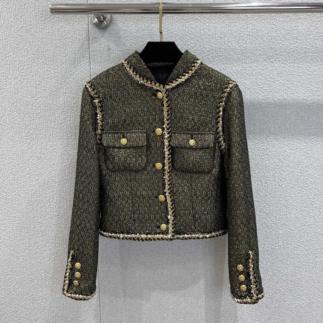 

New Spring Fashion Vintage Gold Thread Woven Tweed Short Jacket Women Stand Collar Long Sleeve Pocket Button Silk Liner Coat