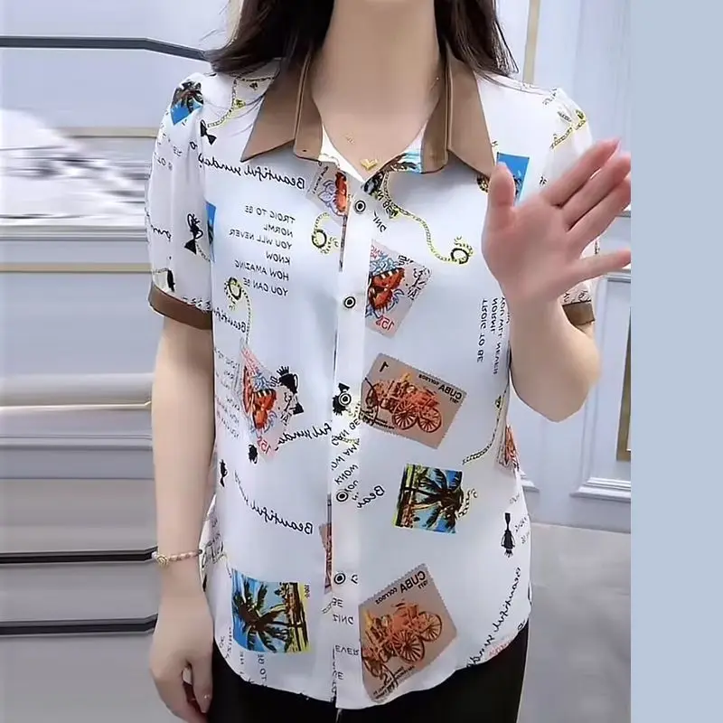 2024 Summer New Korean Version Polo-Neck Button Printed Spliced Short Sleeve Casual Versatile Fashion Commuter Shirt Tops