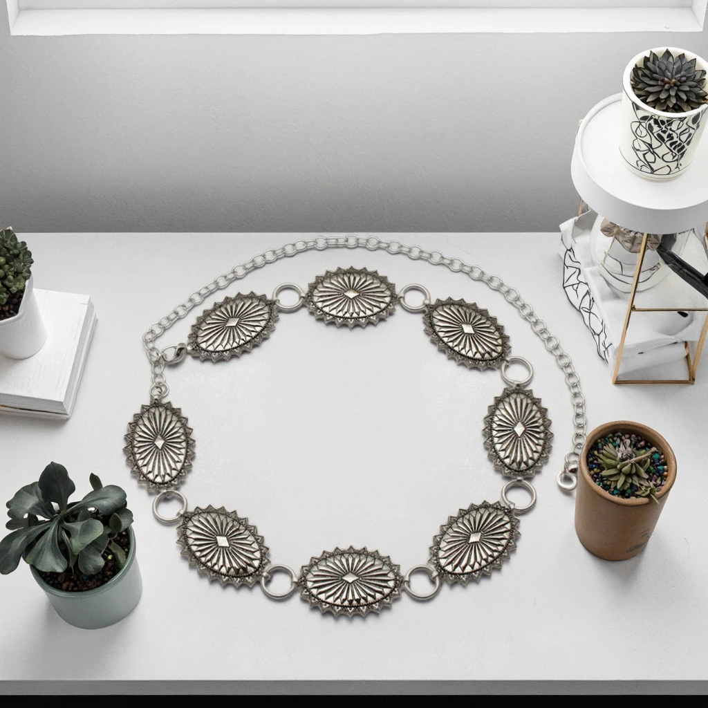 CONCHO LINK BELT Southwestern Sun Star Burst Stamped Metal Medallion Concho Chain Belt Cowgirl Summer Dress Waist Boho Accessori