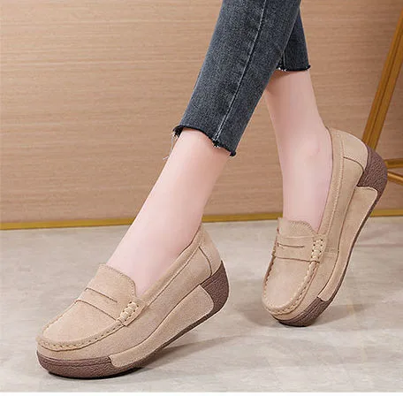 EAGSITY 12 style 100% Cow suede casual women shoes loafers wedges heel platform comfort slip on shoes sneaker