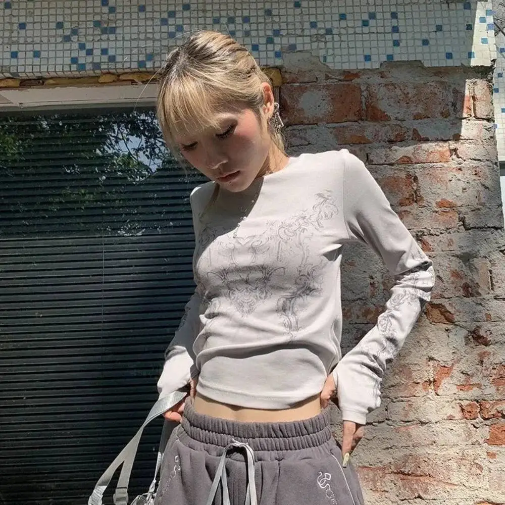 Roupas femininas vintage y2k camisetas 2023 blusas o-pescoço manga longa impressão túnica mulher roupas moda casual colheita topos camisas