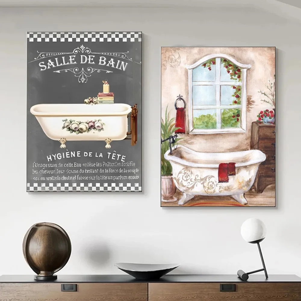 1pc  Retro French Bathroom Bathtub Poster Paper Print Home Bedroom Entrance Bar Cafe Art Painting Decoration