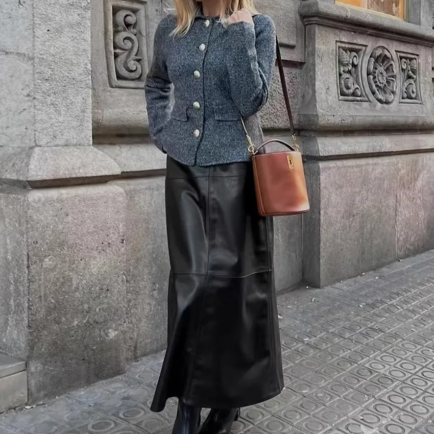 FCE-gefütterter PU-Leder-Splitrock mit hoher Taille für den Pendelverkehr, gerader Schlauch, mittellanger A-Linien-Farbrock für Damen