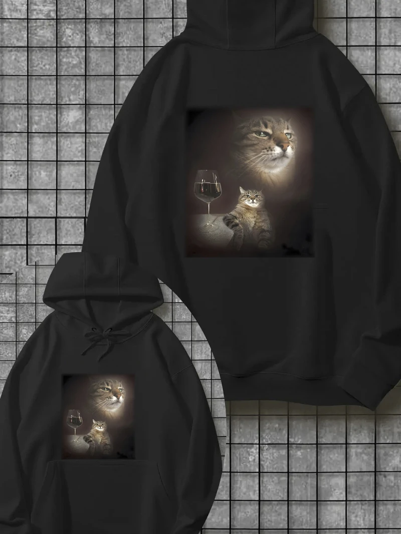 

2025 Autumn and Winter Hooded Sweatshirt Contemplative Cat Print Double Sided Mens High-end Luxury Is for Both Men and Women Top