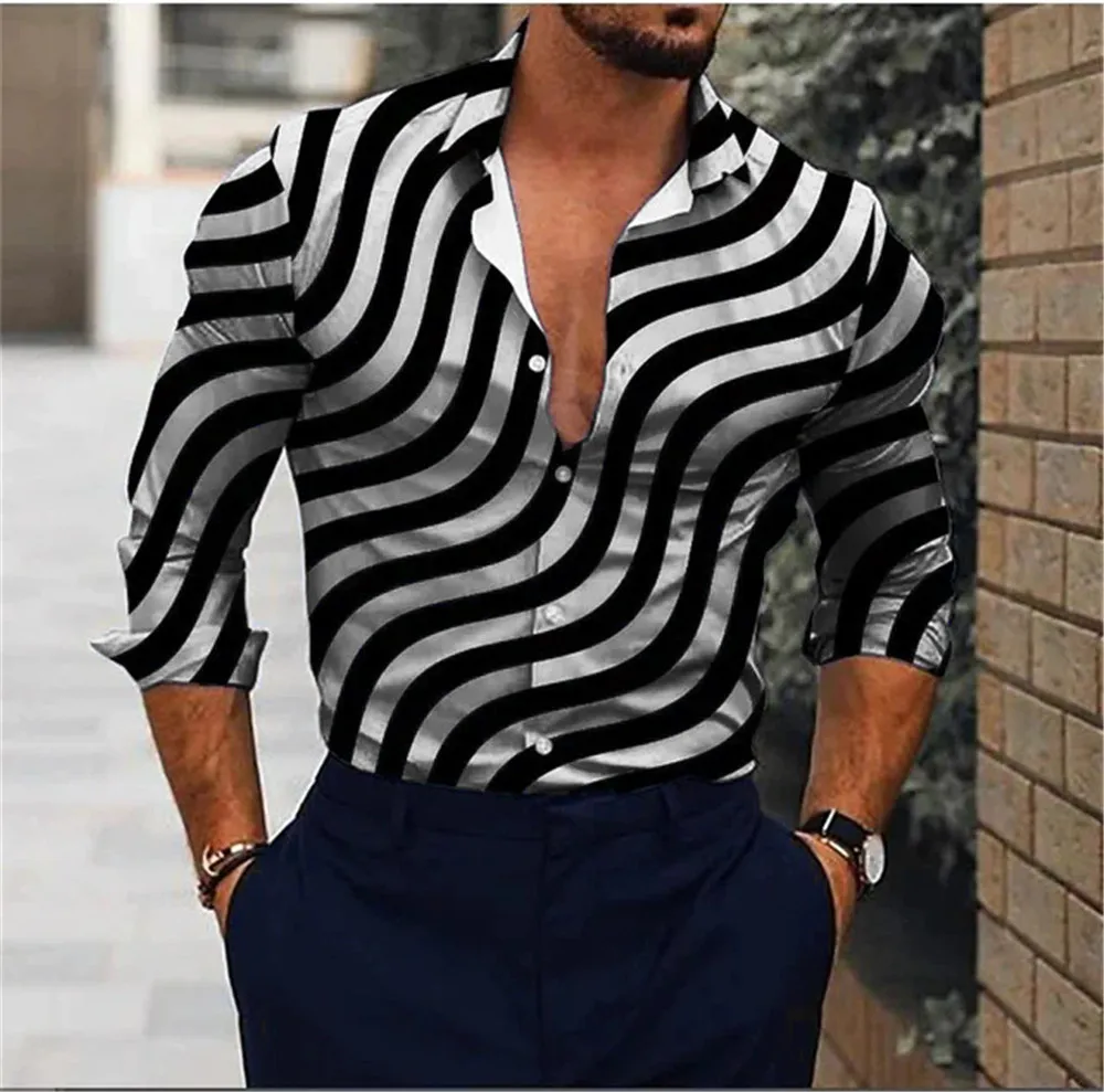 

New Fashion Striped Men's Shirts Long Sleeve 3d Printed Street Trend Male Blouse 4XL Plus Size Casual Shirts
