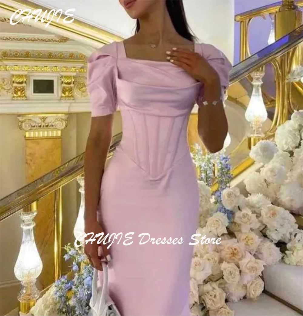 فساتين سهرة باللون الوردي الفاتح في دبي العربية برقبة مربعة وطول الكاحل لحفلات الزفاف للنساء فساتين رسمية للحفلات الراقصة فستان المساء