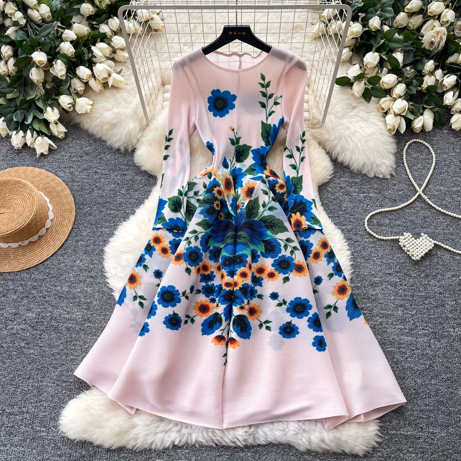 

Miyake Big Size Women's Pleated Dress Chic Floral A-Line Fashion Elegant African Prom Dress Stretchy Temperament Clothing