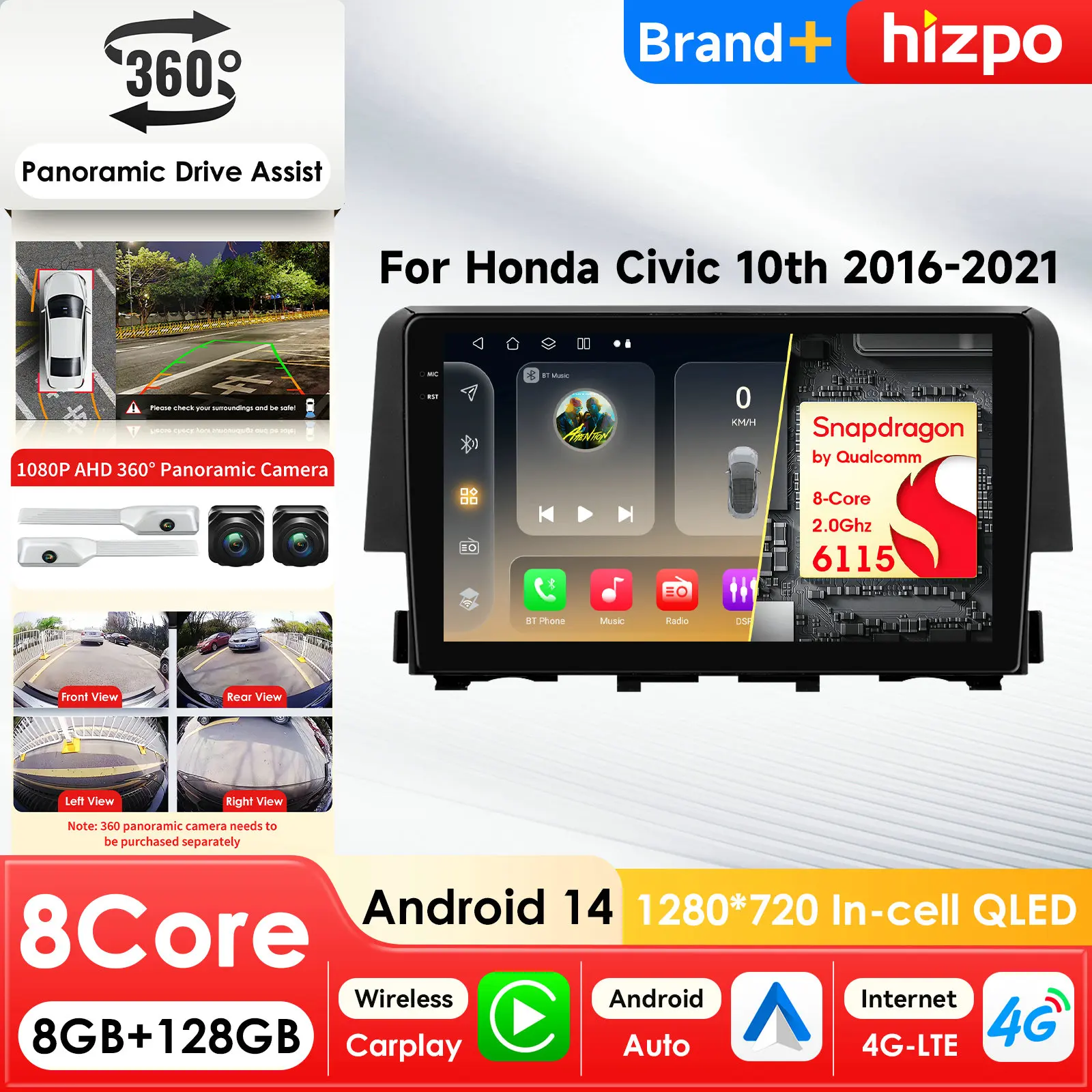 

Автомобильный мультимедийный плеер Hizpo AI Intelligent Screen Android для Honda Civic 10-го поколения (2015-2021) с GPS, Carplay, 4G и процессором Snapdragon