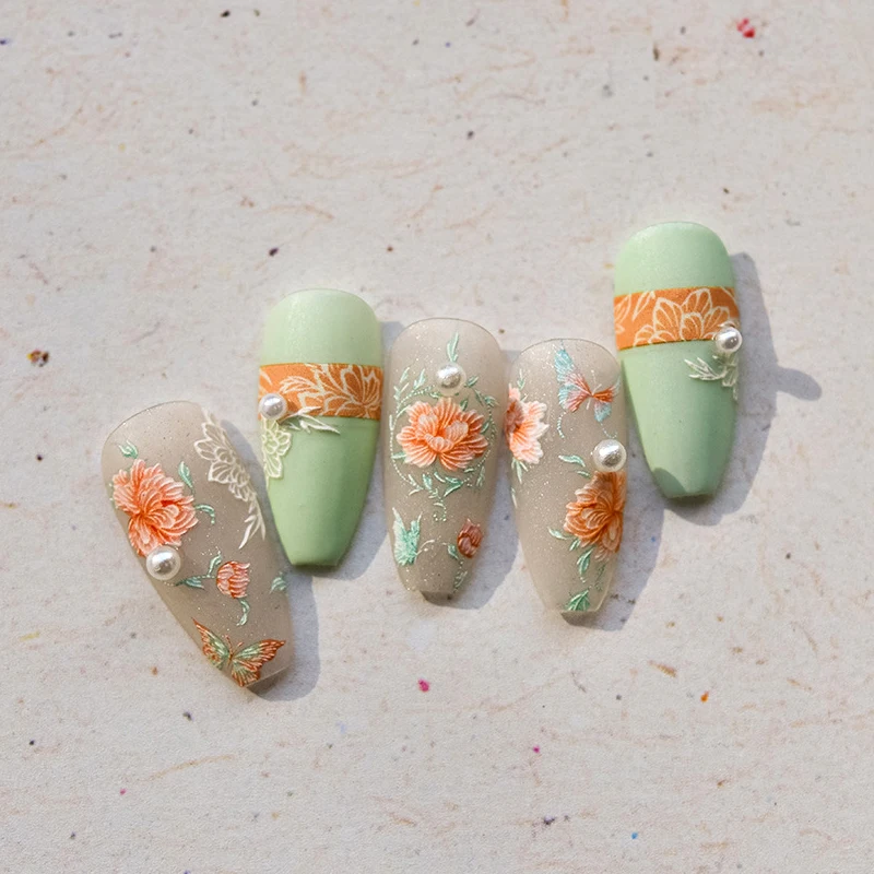 레트로 모란 나비 자수 효과 중국 꽃 왕 소프트 릴리프 양각 자기 접착제 네일 아트 스티커 매니큐어 데칼