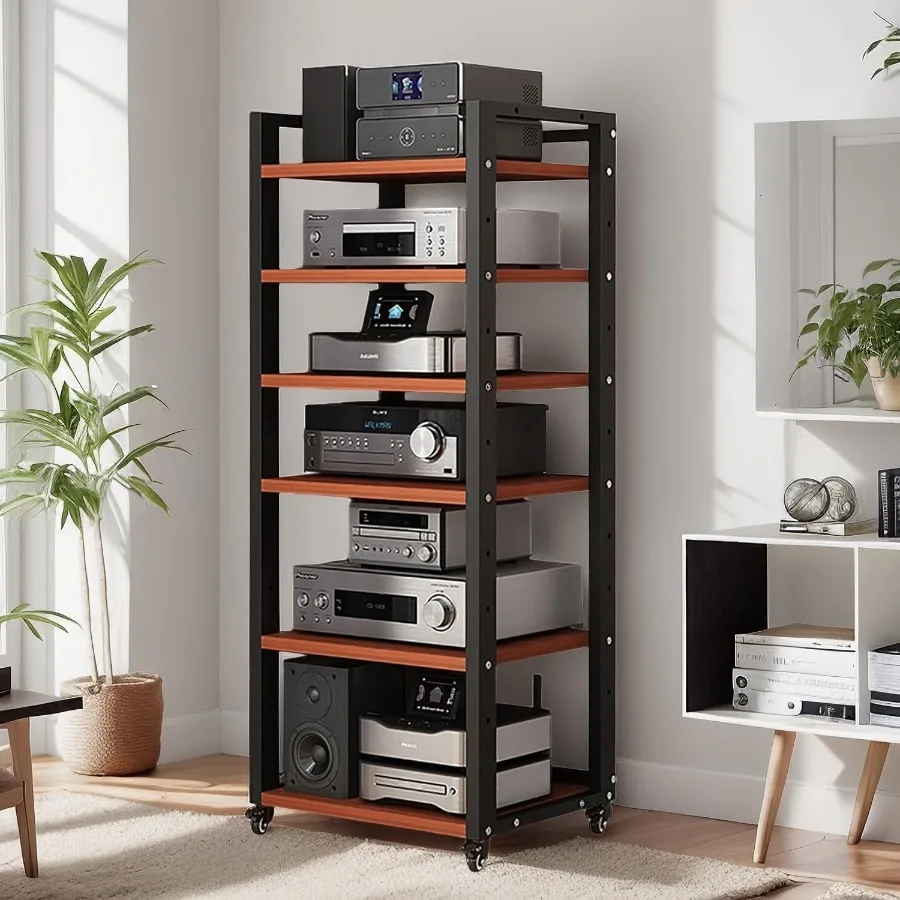 6 Tier Audio Rack Tower Corner TV Console and AV Media Components Cabinet Heavy Duty Stereo Racks and Stands with Adjustable Wo