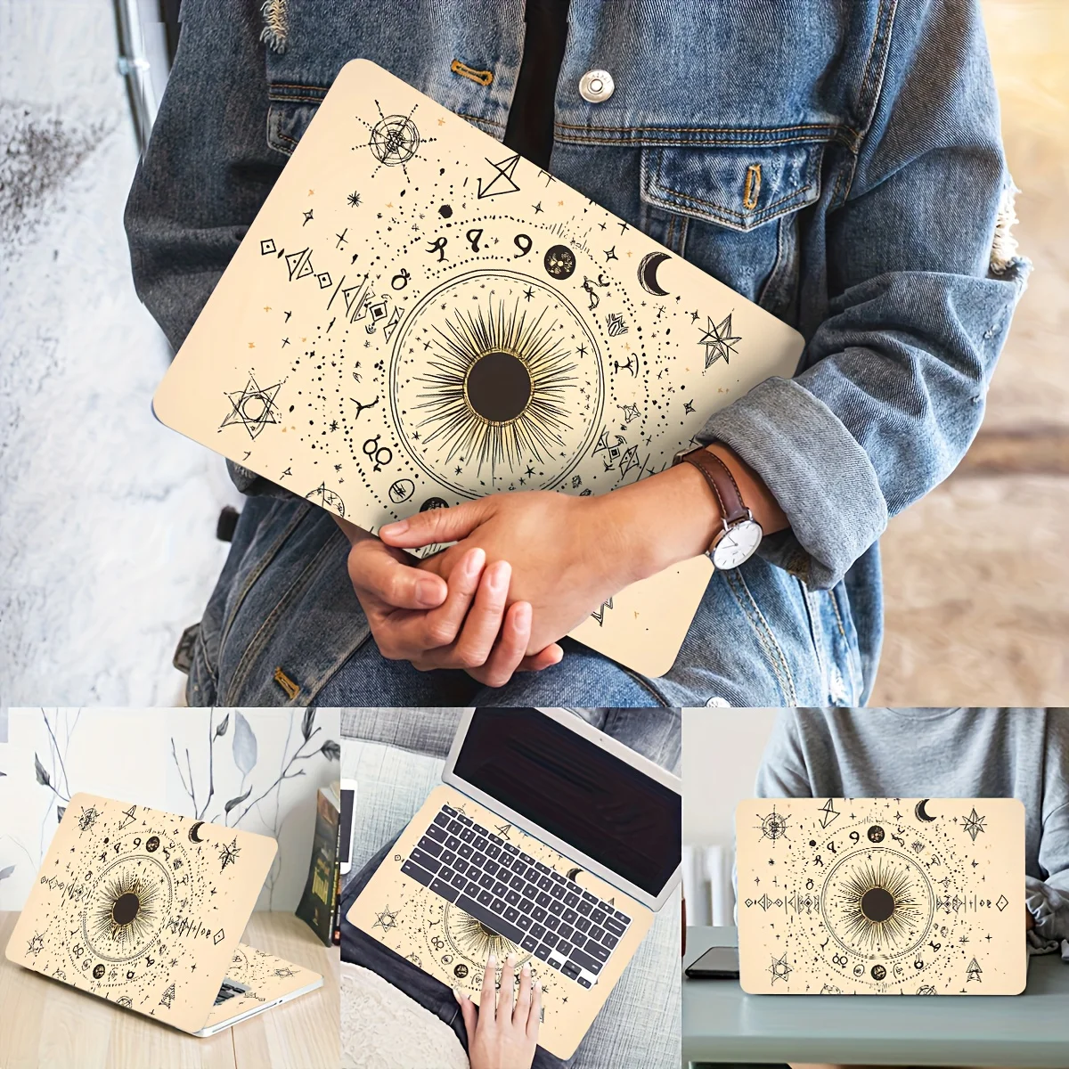 

2-Pack Pattern Laptop Art Sun Moon Sticker Case, Universal Netbook Light Beige Waterproof Scratch Resistant Sticker -