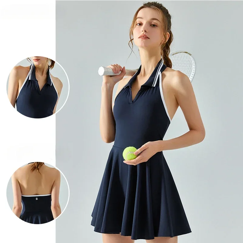 YOGA New Hanging Neck Collision Colour Lapel Sports Onesies Dress Female with Chest Pad Vest False Anti-glare Tennis Skirt