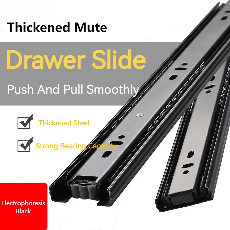 

Stainless Steel Drawer Slide Rail Bright Black Thickening Three Section Rail Silent Wardrobe Cabinet Track 45 Wide 6-24cm