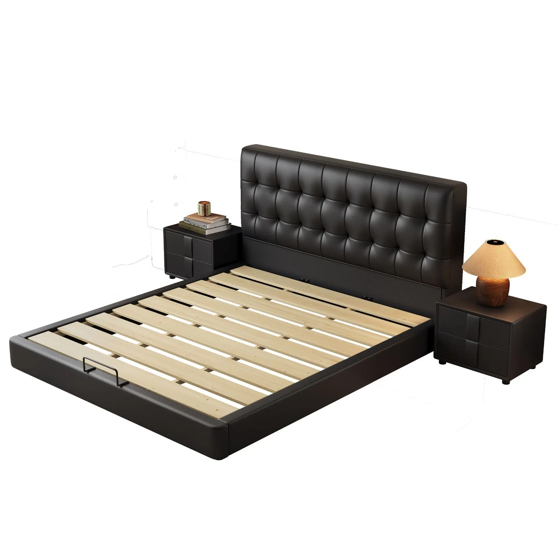 

Italian, minimalist, leather bed, modern, minimalist, black, waffle bed, thin headboard, double, leather art, storage