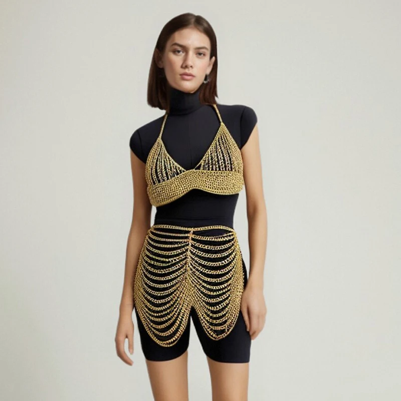 Punk Stil Zwei Stück Set Frauen 2024 Sommer Strand Tragen Körper Kette Hohl Nachtclub Sexy Passenden Sets Schmuck Y2K zubehör – Detail 2