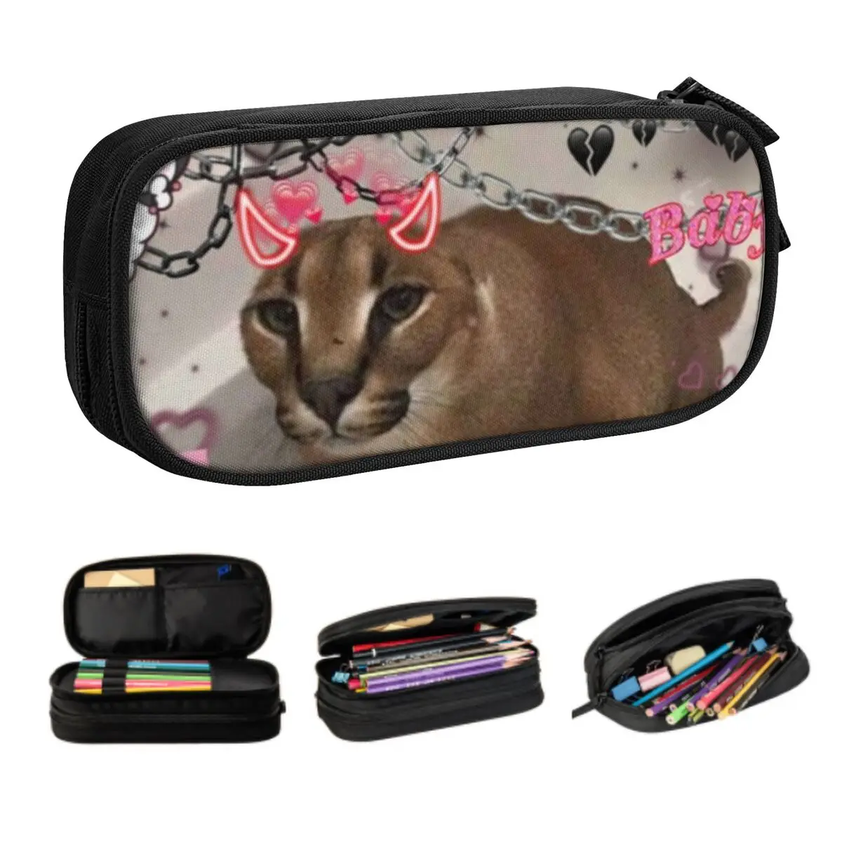 Customized Cute Big Floppa Emo Kawaii Pencil Case Girls Boys Large Capacity Meme Caracal Cat Pencil Pouch Student School