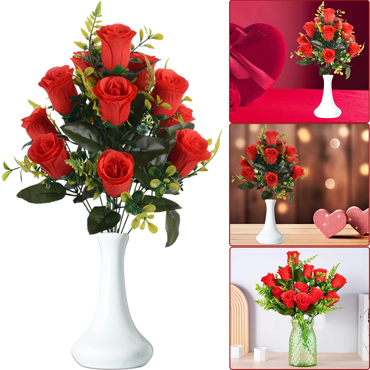 12Head Artificial Red Roses Fake Roses with Long Stems Artificial Silk Flowers for Wedding Floral Arrangements Party Table Decor