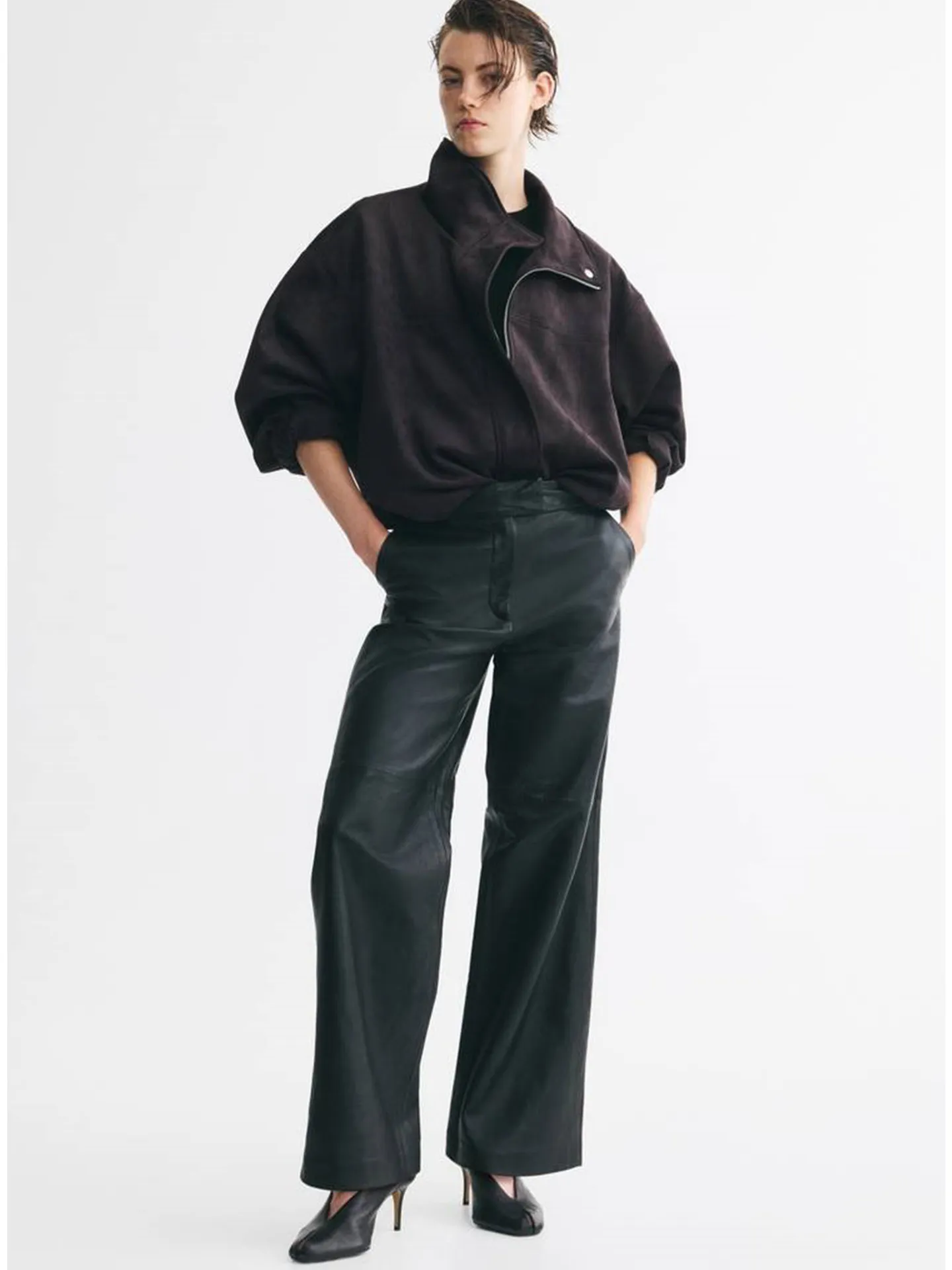 Fall New Women's Bubble Hem Oversized Shoulder Long Sleeve Funnel Neck Outerwear French Style Polyester Fiber Short Length