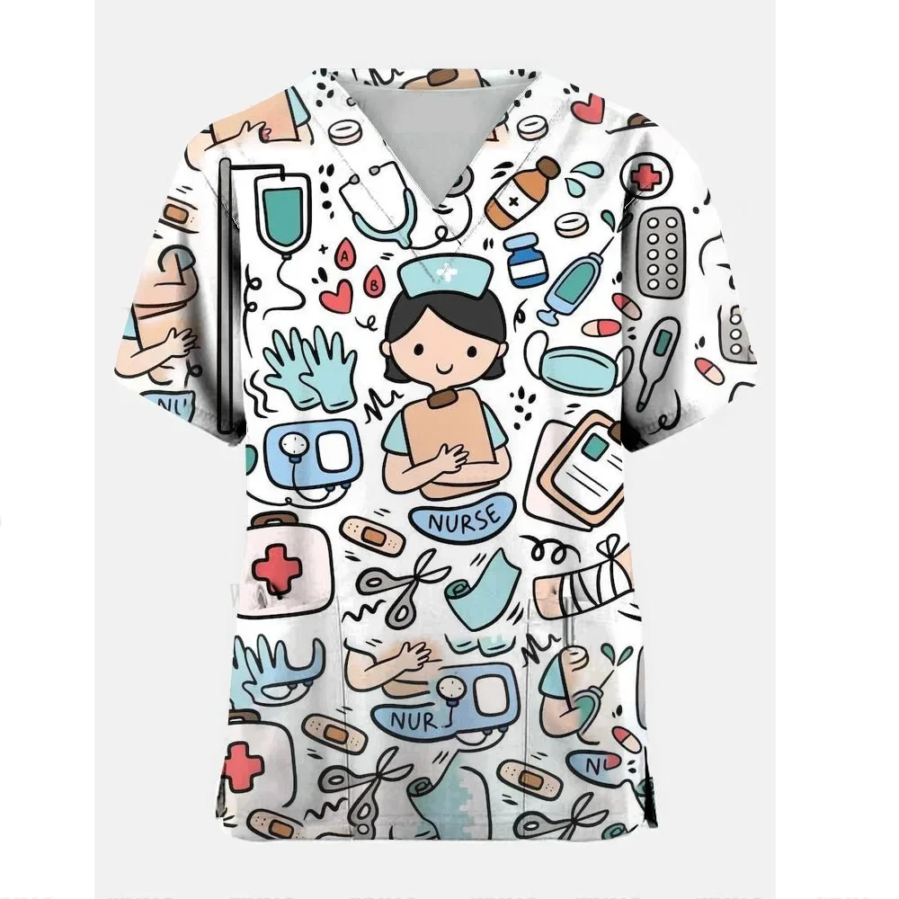 Women Working Uniform Cute nurse pattern Pocket Pet Nurse Uniform V-neck Scrub Tops Healthcare Carer Clinic Protective Clothing