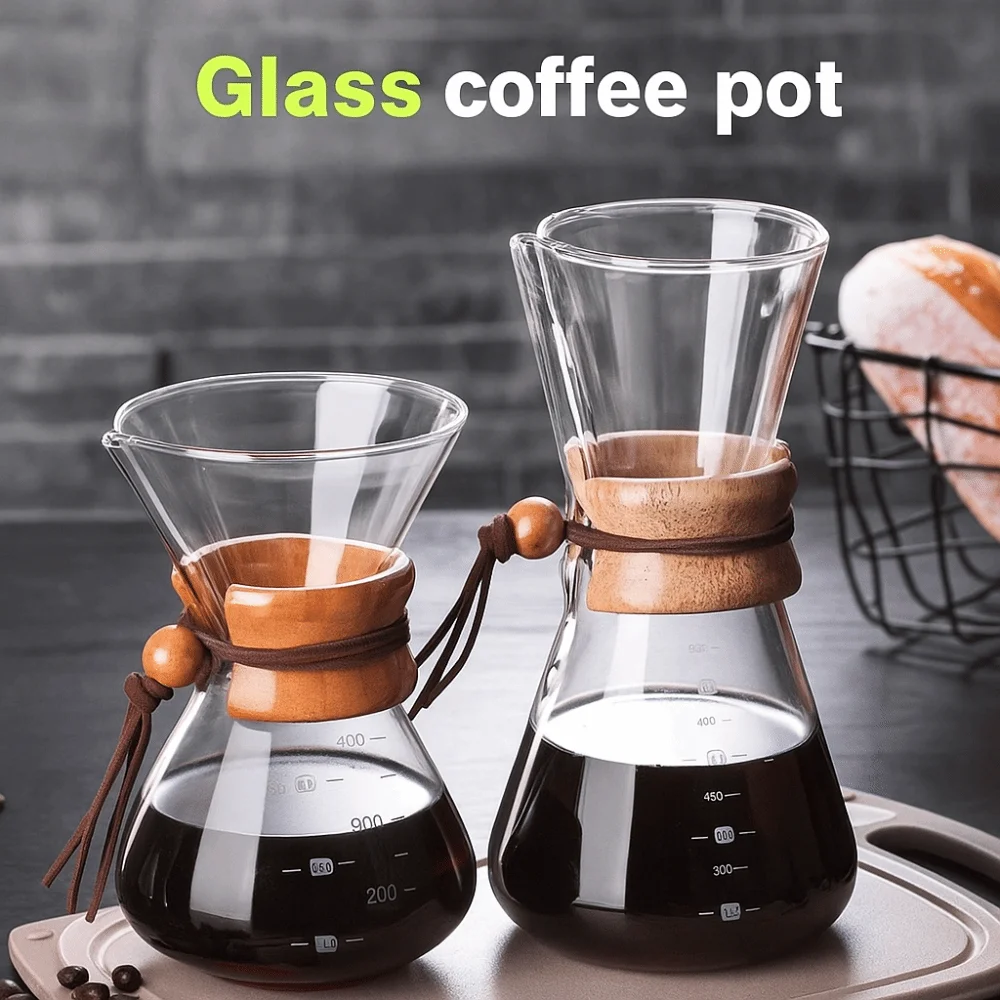 

Espresso Coffee Stainless Steel Coffee Pot Glass with Fliter Tea Pot Wooden Handle High-Temperature Resistant Coffeeware Daily