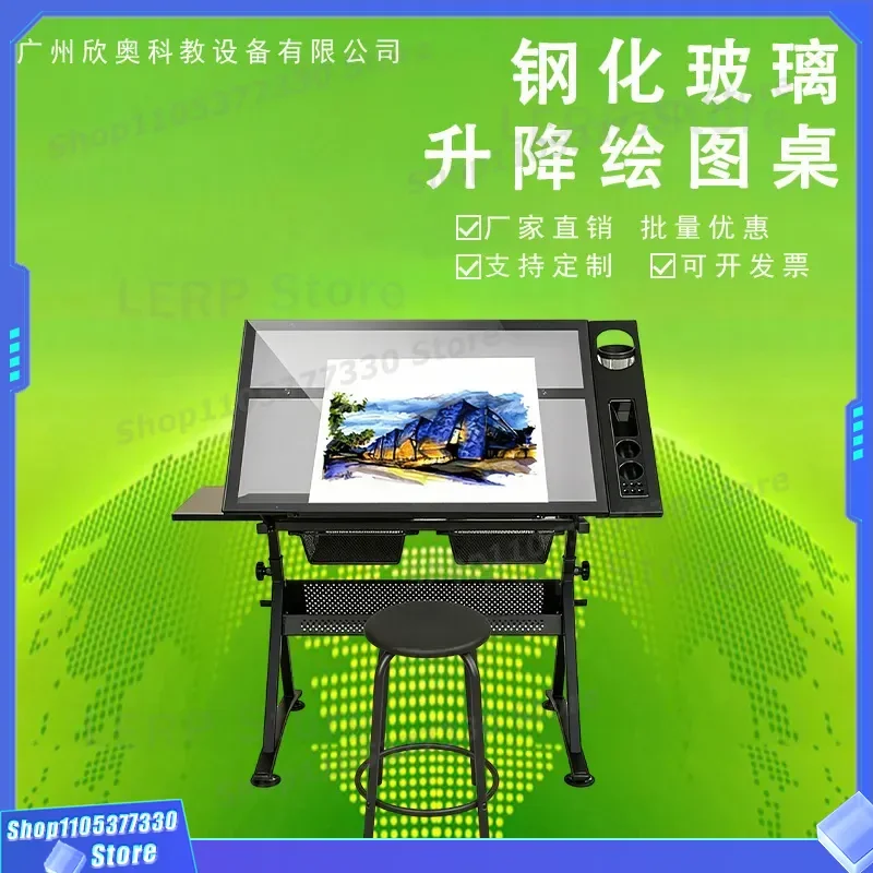 Adjustable Height Glass Top Painting Table Workbench with Integrated Lifting Easel for Studio Sketching and Art Design Multi