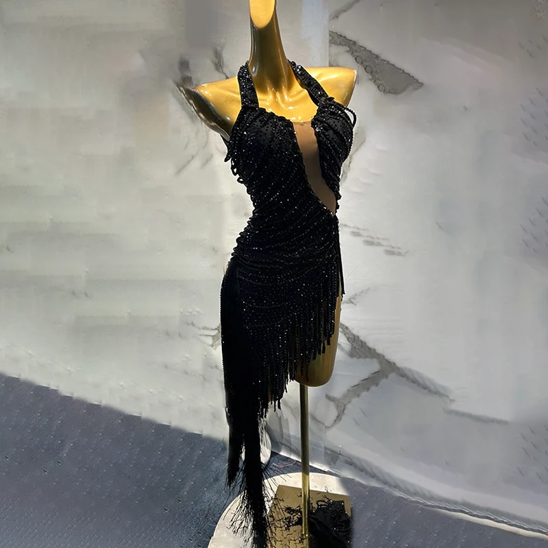 

Irregular Lower Hem Rumba Samba Tassels Dress Adult&Child Latin Sexy Backless Competition Outfit Luxury Custom Dancer's Vitality